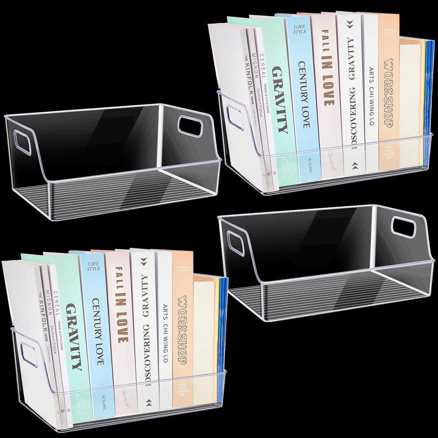 4 Pcs Clear Large Storage Book Display Case 13 X 8.5 X 5.9 Inch Book Organizer Stackable Bookcase Display Storage Containers with Handle Office Bookshelf Organizer Rack for Cds Magazine Books