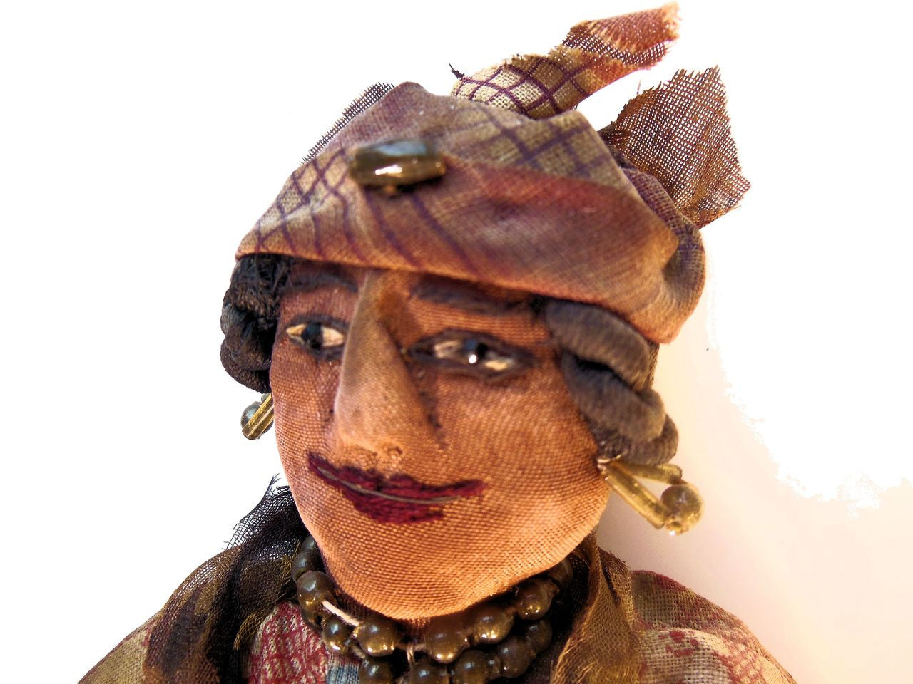 Antique Rag Doll, Smiling Woman with Jewelry from 1800's