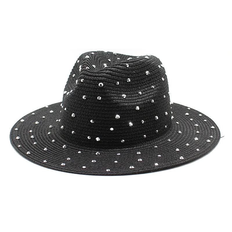 NNEDSZ Black Women's Wide-Brim Straw Hat with Rhinestones - Elegant and Breathable Sun Hat for Summer Outdoors,M(56-58cm)