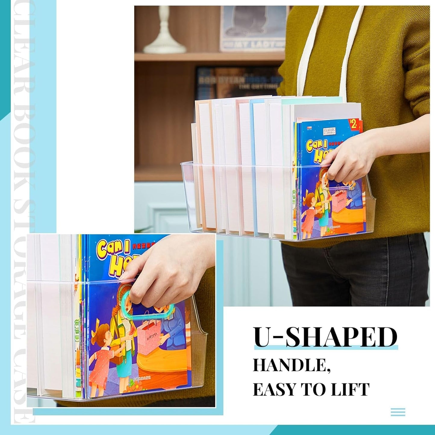4 Pcs Clear Large Storage Book Display Case 13 X 8.5 X 5.9 Inch Book Organizer Stackable Bookcase Display Storage Containers with Handle Office Bookshelf Organizer Rack for Cds Magazine Books