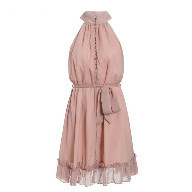 Sexy sleeveless women dress Solid ruffled sash buttons party summer dress