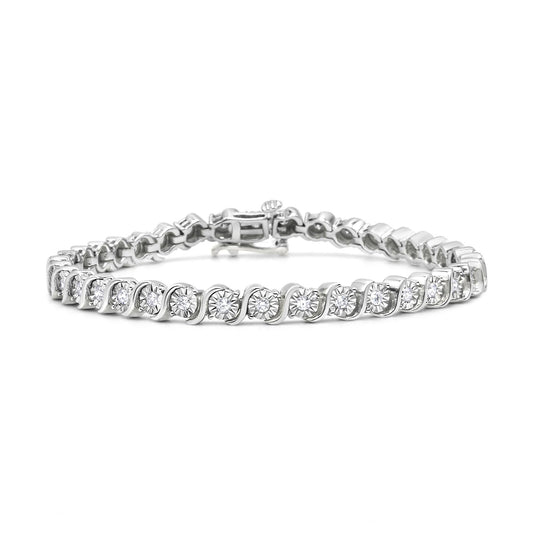 .925 Sterling Silver 1/4 Cttw Diamond Round Miracle Plate and "S" Link Tennis Bracelet (I-J Color, I2- I3 Clarity) - 7"