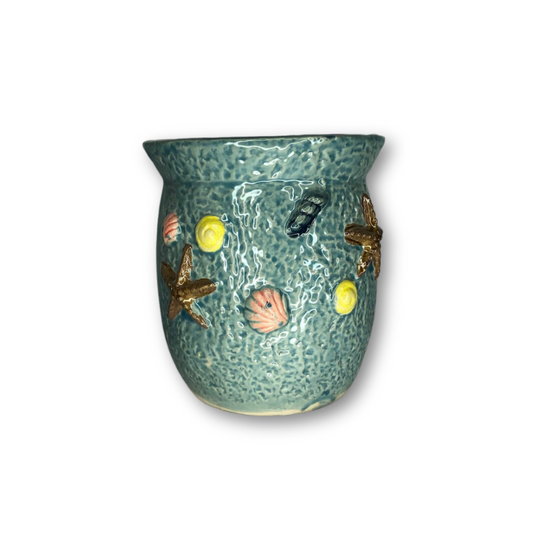 Blue Round Pot with Flared Edge and Raised Sea Shells