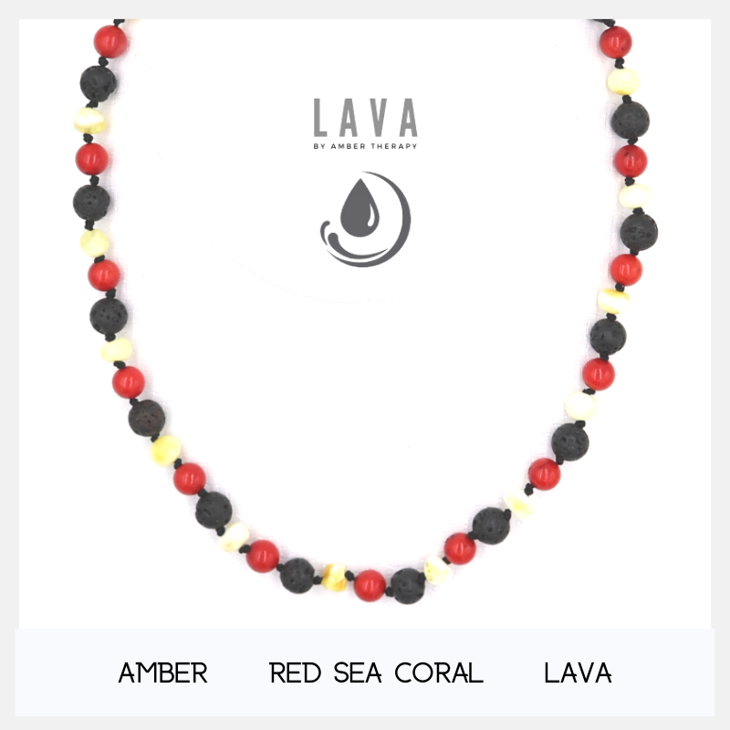 Lava, Buttermilk Amber & Red Sea Coral Adult Necklace