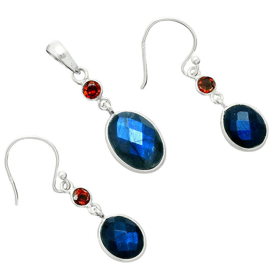 Premium Quality Blue Labradorite & Garnet Pendant Earrings Set T-1010 24-ET10030