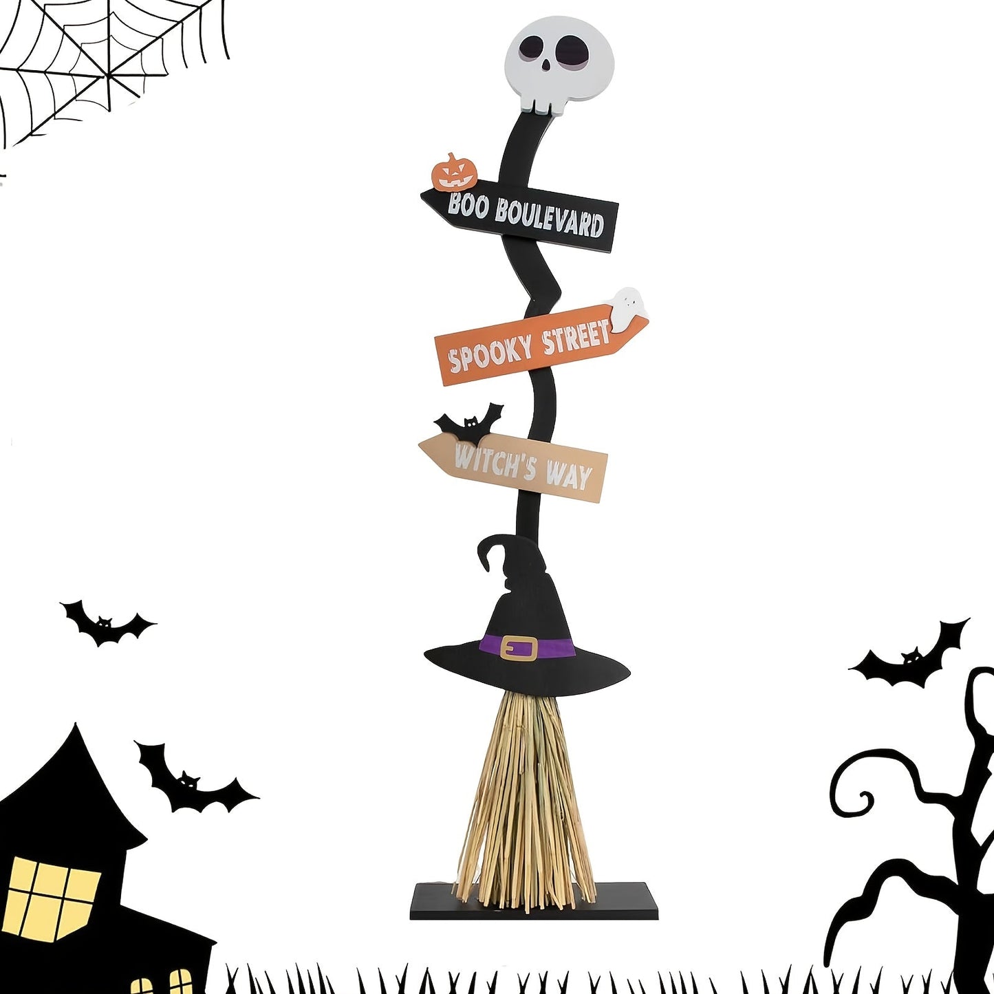NNETM Witch Broom Decor with Halloween Sign