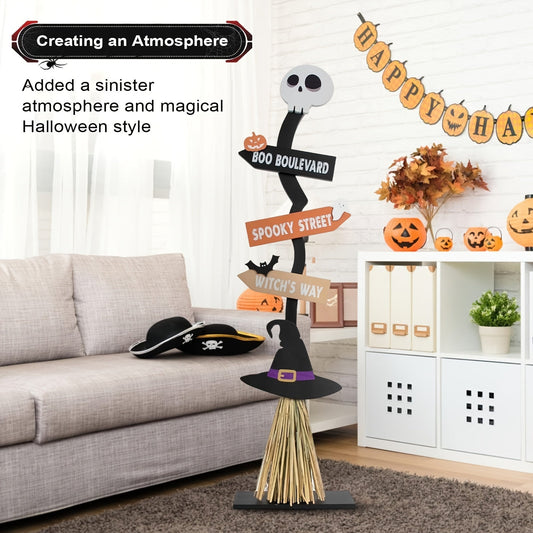 NNETM Witch Broom Decor with Halloween Sign