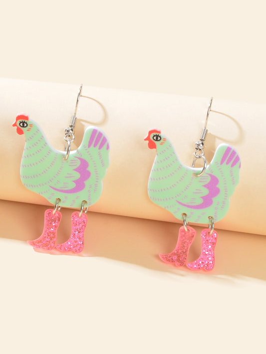 Lovely Cartoon Design Acrylic Hen with Boots Chicken Dangle Earrings Women Party