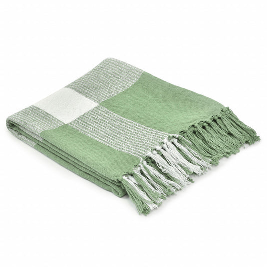 50" X 60" Green Woven Cotton Checkered Throw Blanket with Fringe