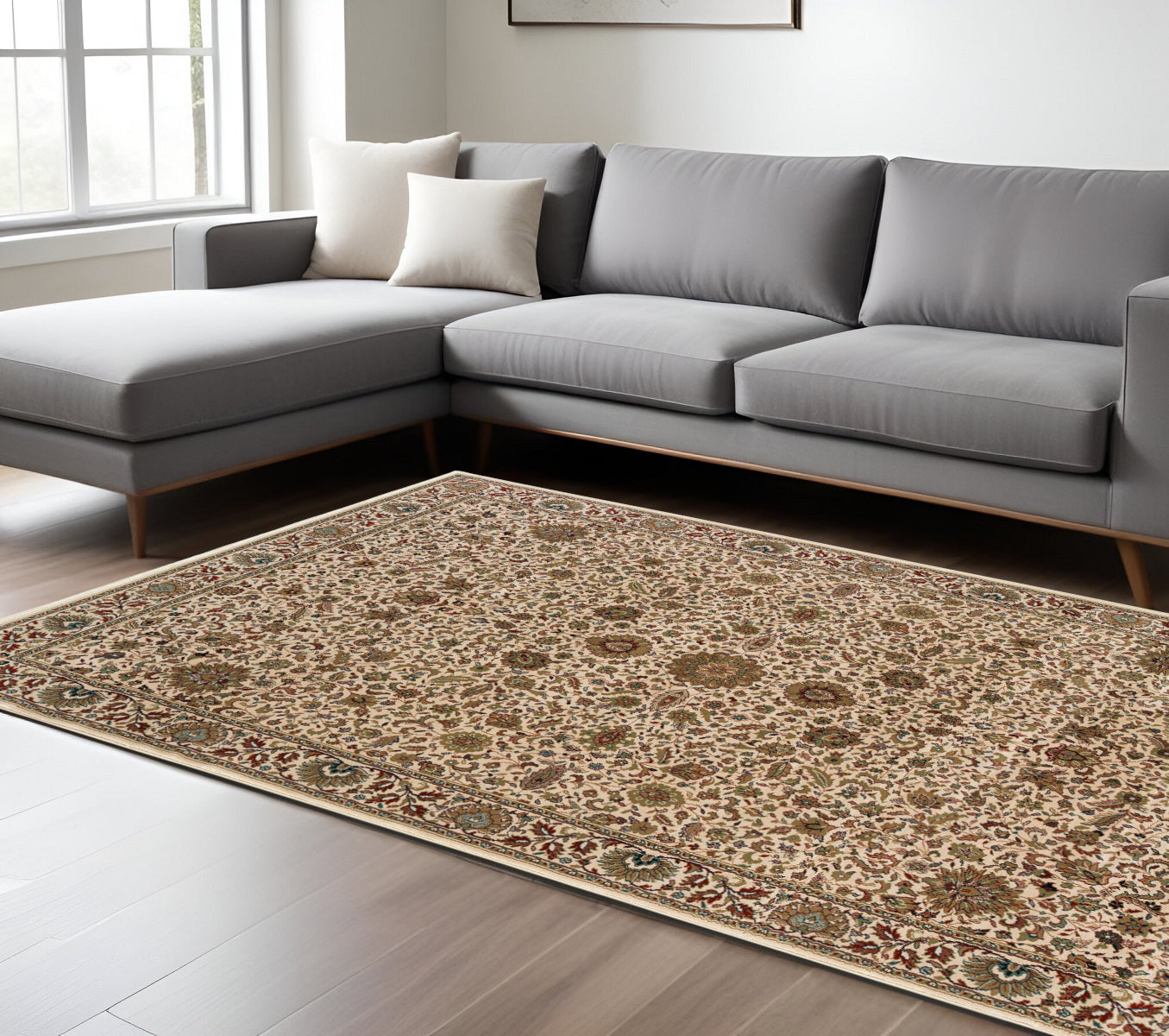 7' X 10' փղոսկրե և կանաչ արևելյան գորգ
