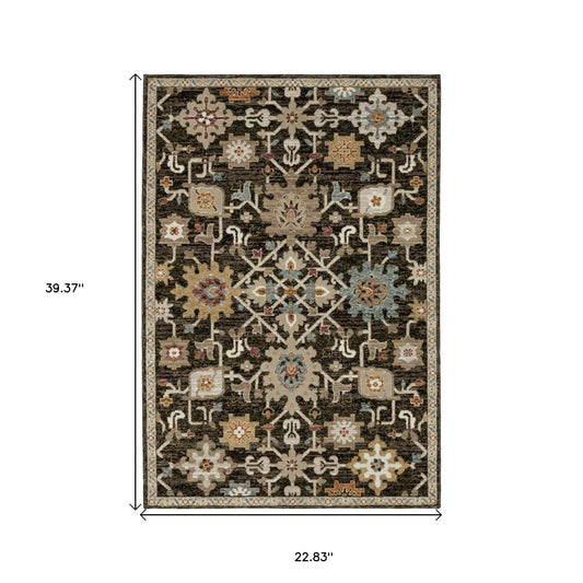 2' X 3' Brown Black And Ivory Oriental Area Rug