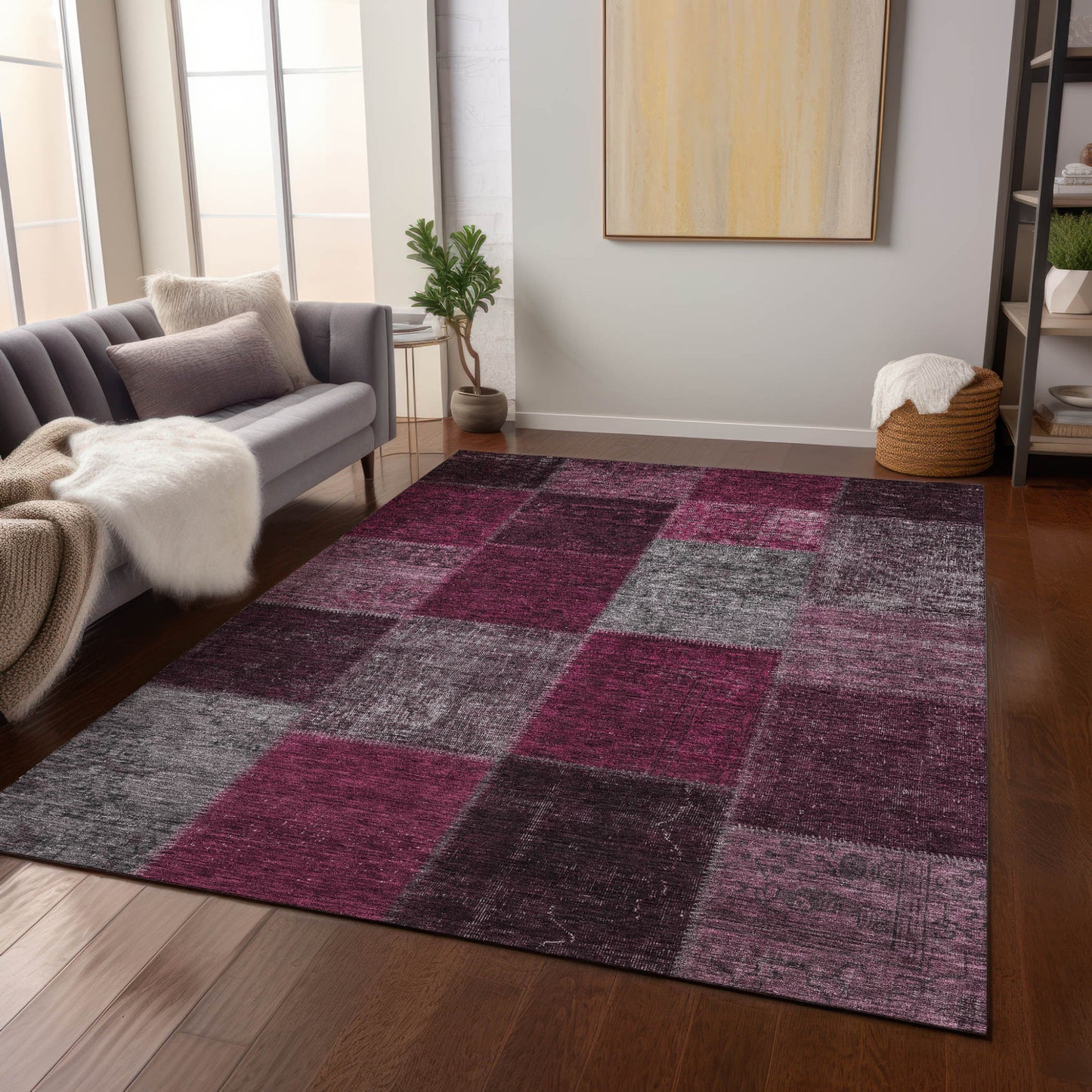 3' X 5' Merlot Burgundy And Gray Patchwork Washable Indoor Outdoor Area Rug