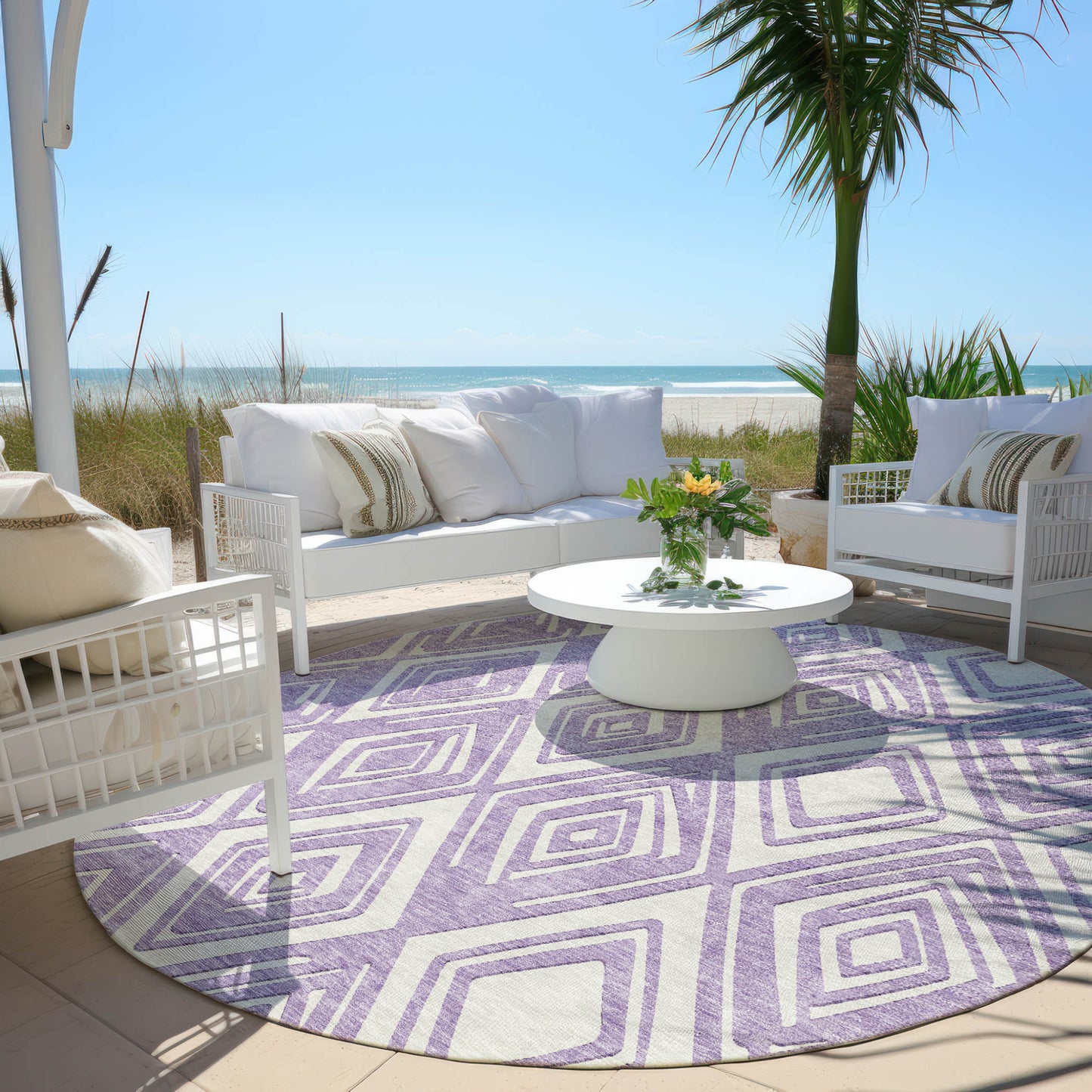 8' Lavender And Ivory Round Geometric Washable Indoor Outdoor Area Rug