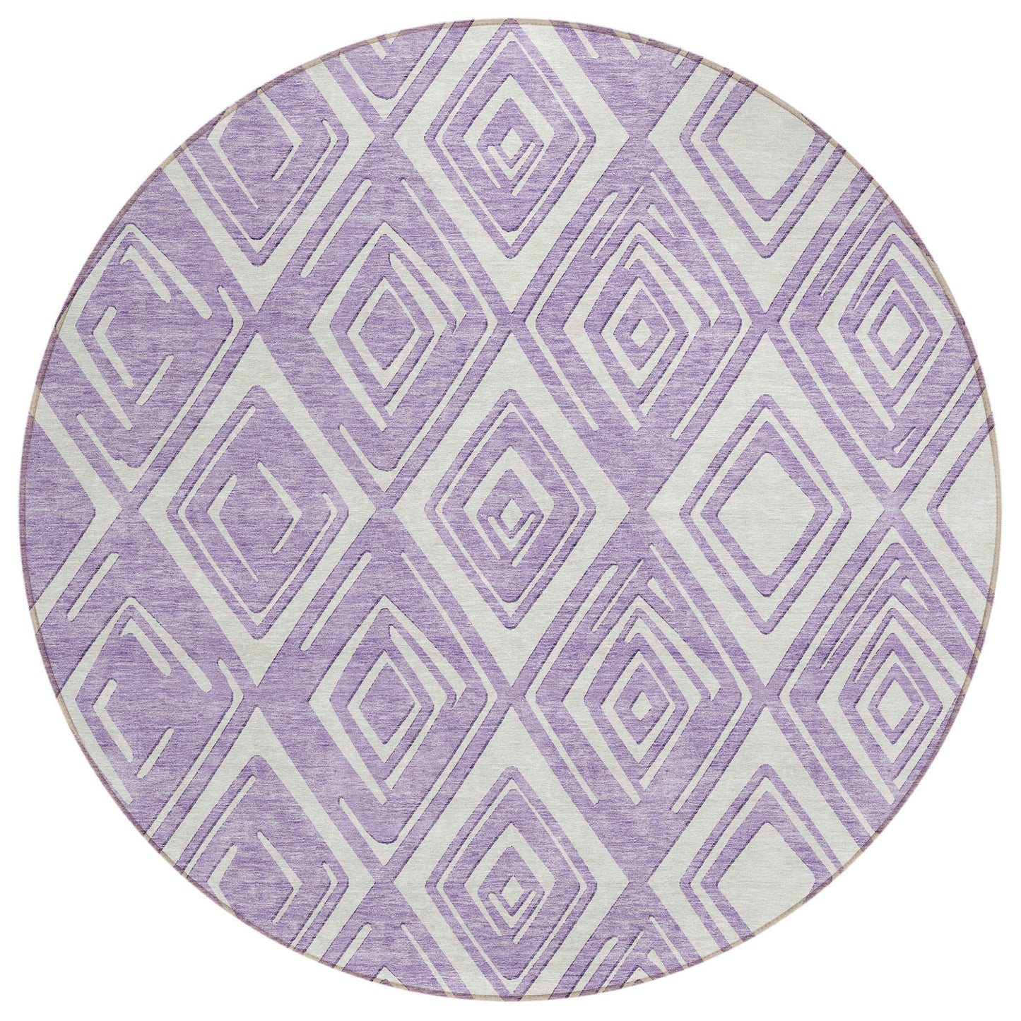 8' Lavender And Ivory Round Geometric Washable Indoor Outdoor Area Rug