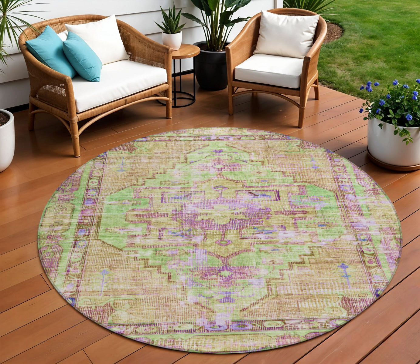8' Lime Green Purple And Beige Round Oriental Washable Indoor Outdoor Area Rug