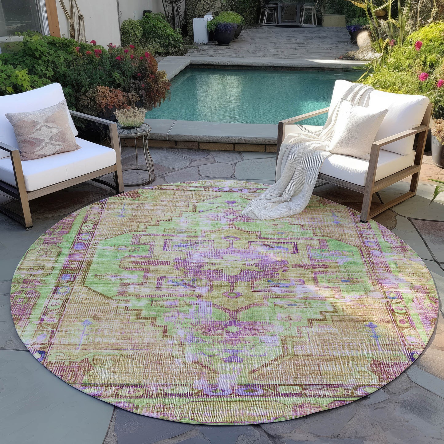 8' Lime Green Purple And Beige Round Oriental Washable Indoor Outdoor Area Rug