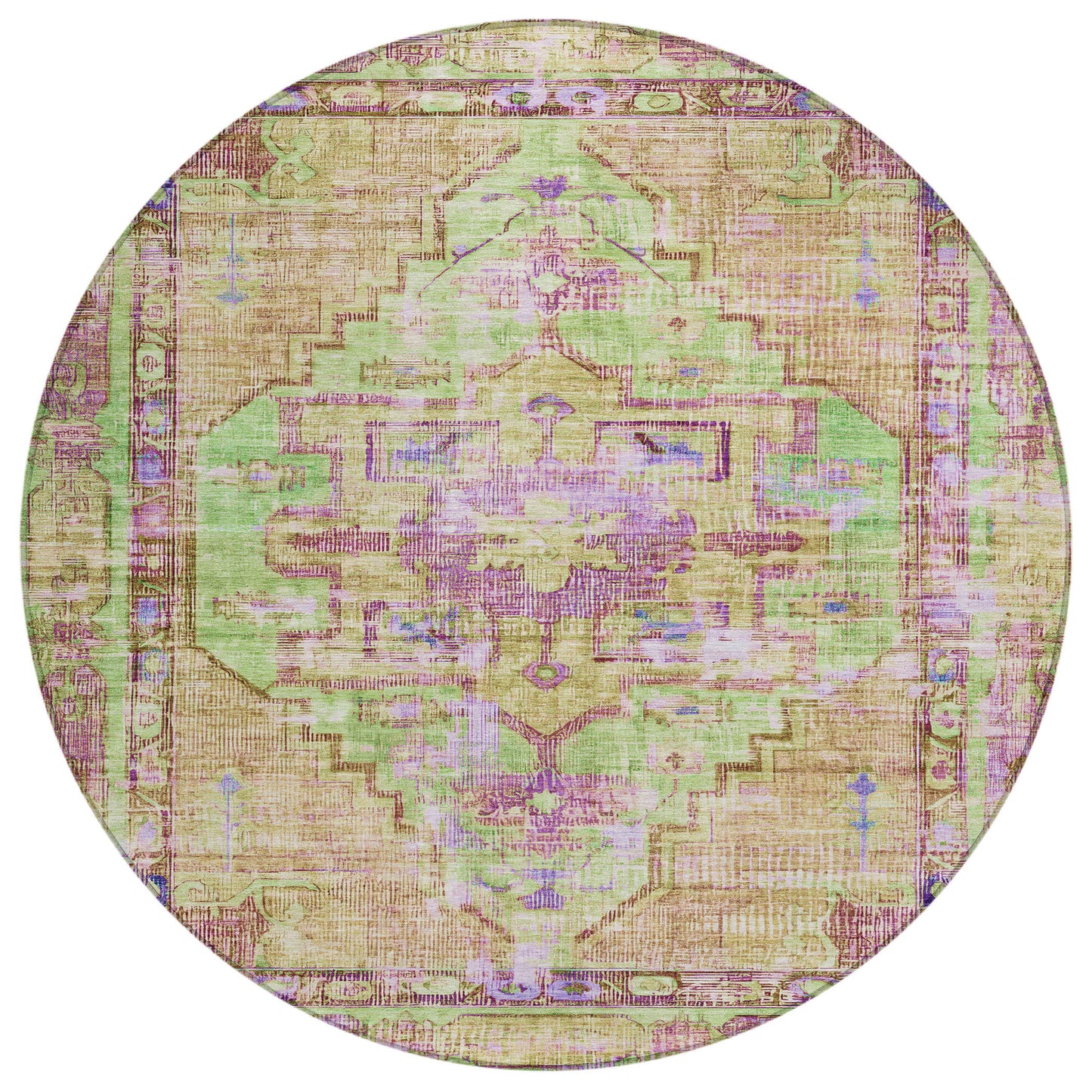 8' Lime Green Purple And Beige Round Oriental Washable Indoor Outdoor Area Rug