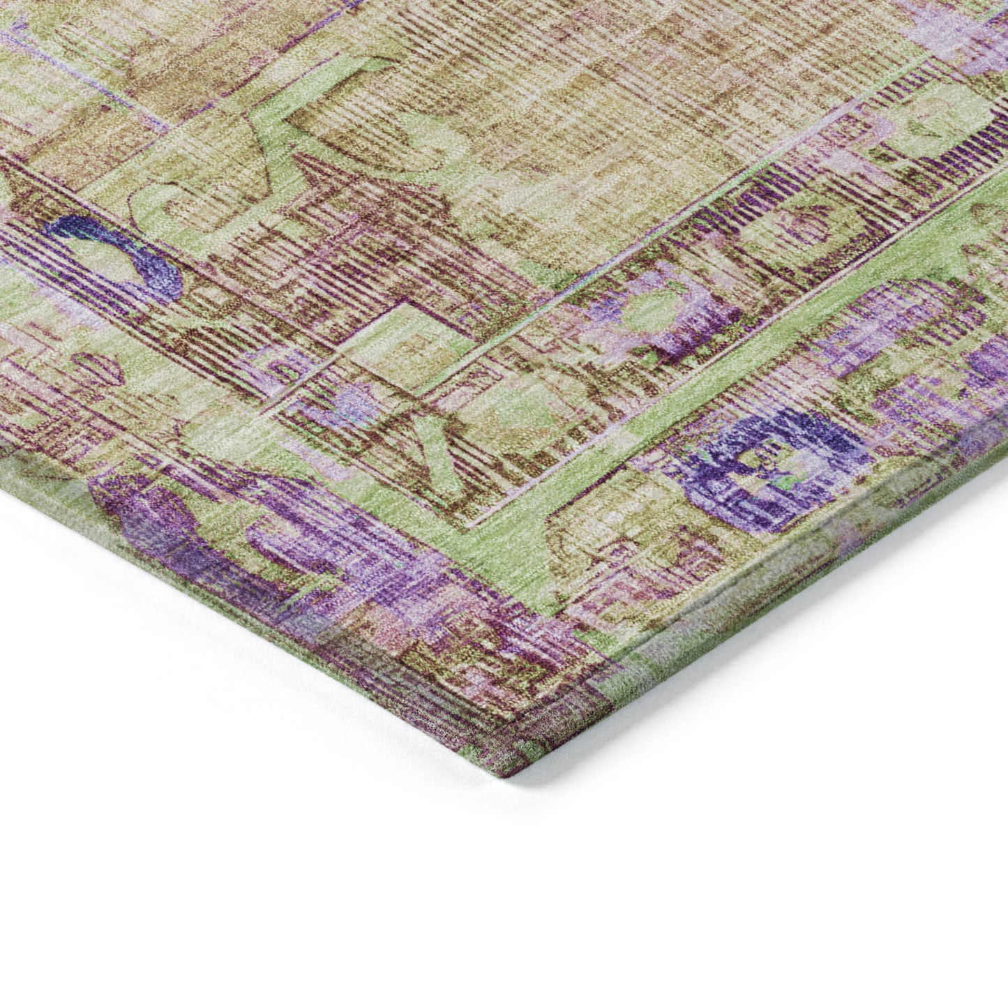 8' Lime Green Purple And Beige Round Oriental Washable Indoor Outdoor Area Rug