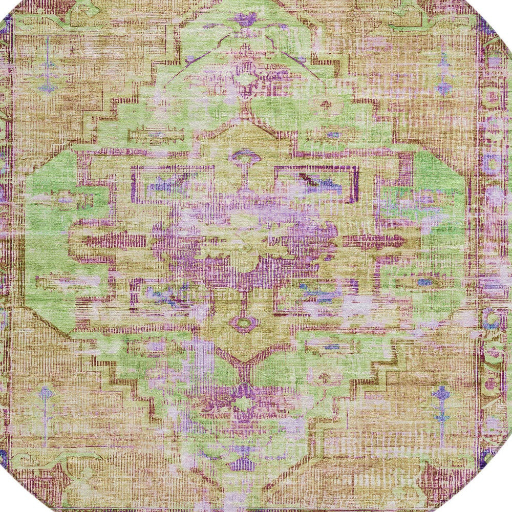 8' Lime Green Purple And Beige Round Oriental Washable Indoor Outdoor Area Rug