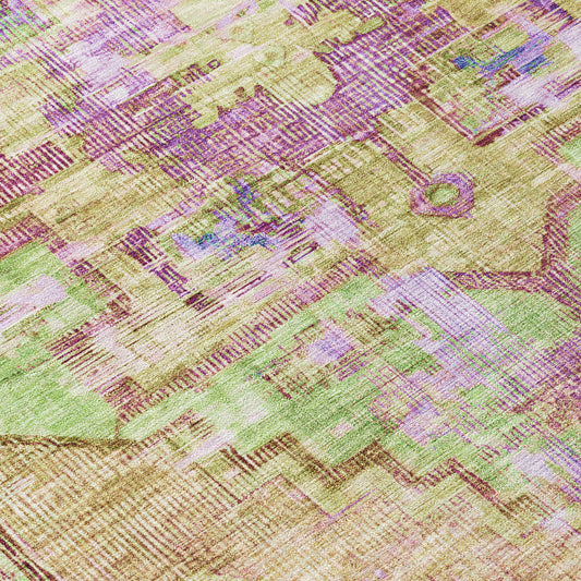 8' Lime Green Purple And Beige Round Oriental Washable Indoor Outdoor Area Rug