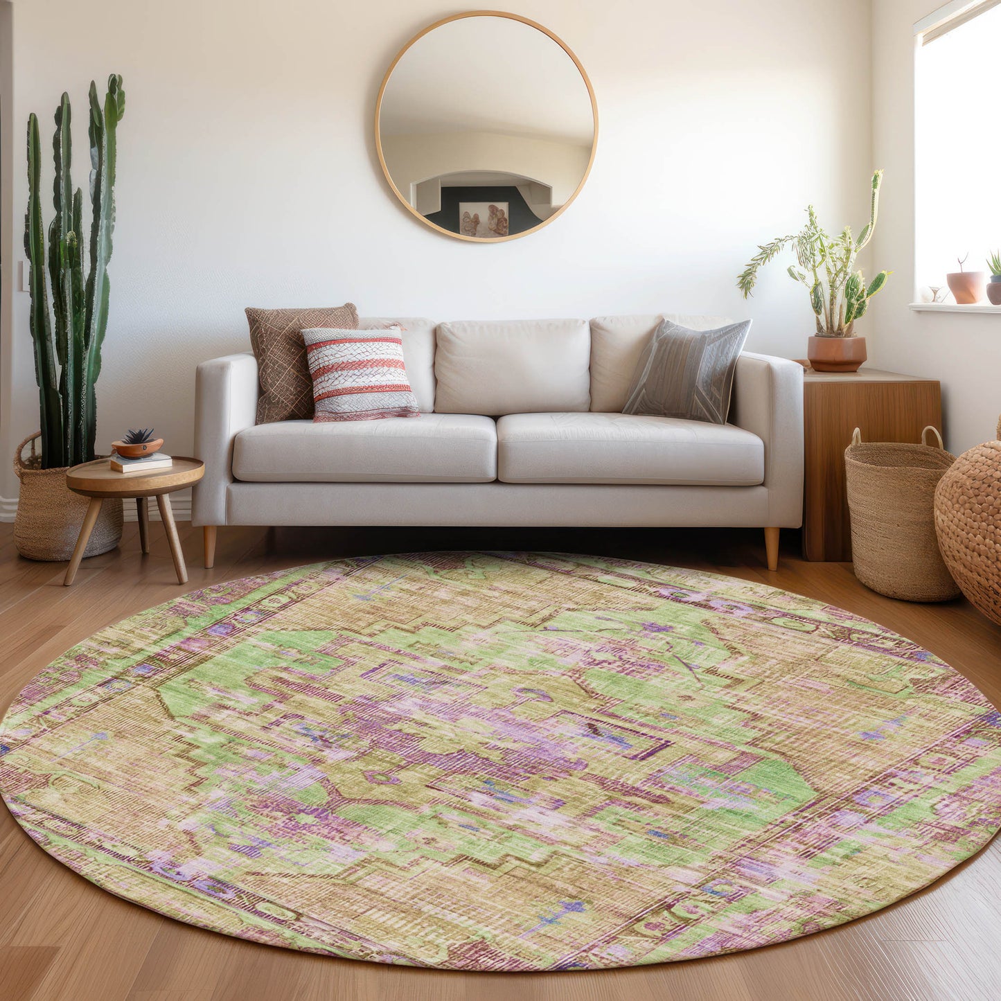 8' Lime Green Purple And Beige Round Oriental Washable Indoor Outdoor Area Rug