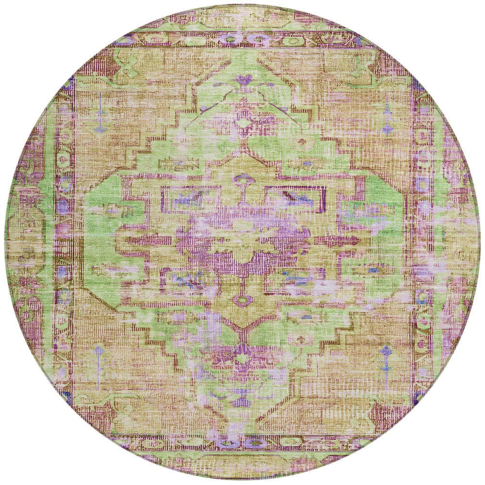 8' Lime Green Purple And Beige Round Oriental Washable Indoor Outdoor Area Rug