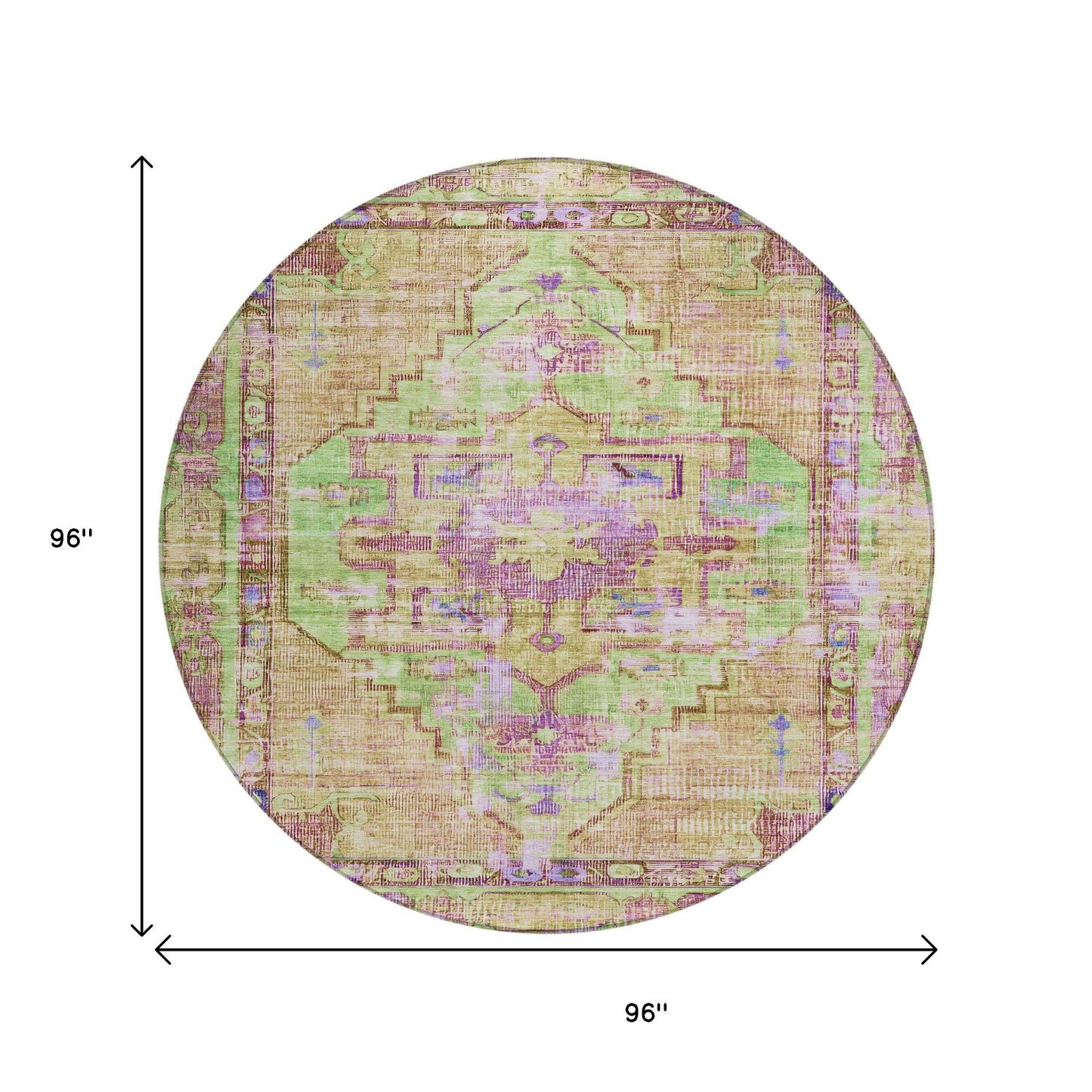 8' Lime Green Purple And Beige Round Oriental Washable Indoor Outdoor Area Rug