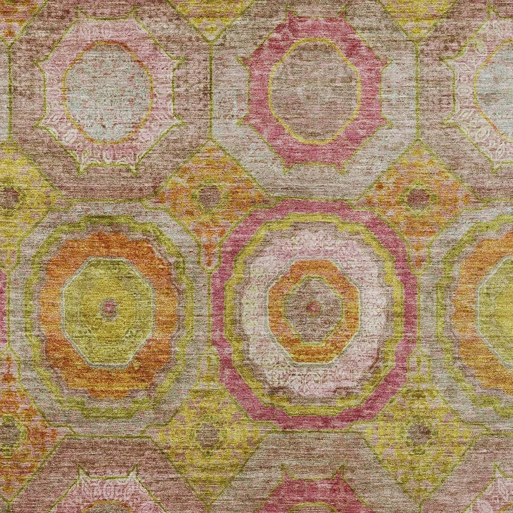 9' X 12' Orange Pink And Gold Geometric Washable Indoor Outdoor Area Rug