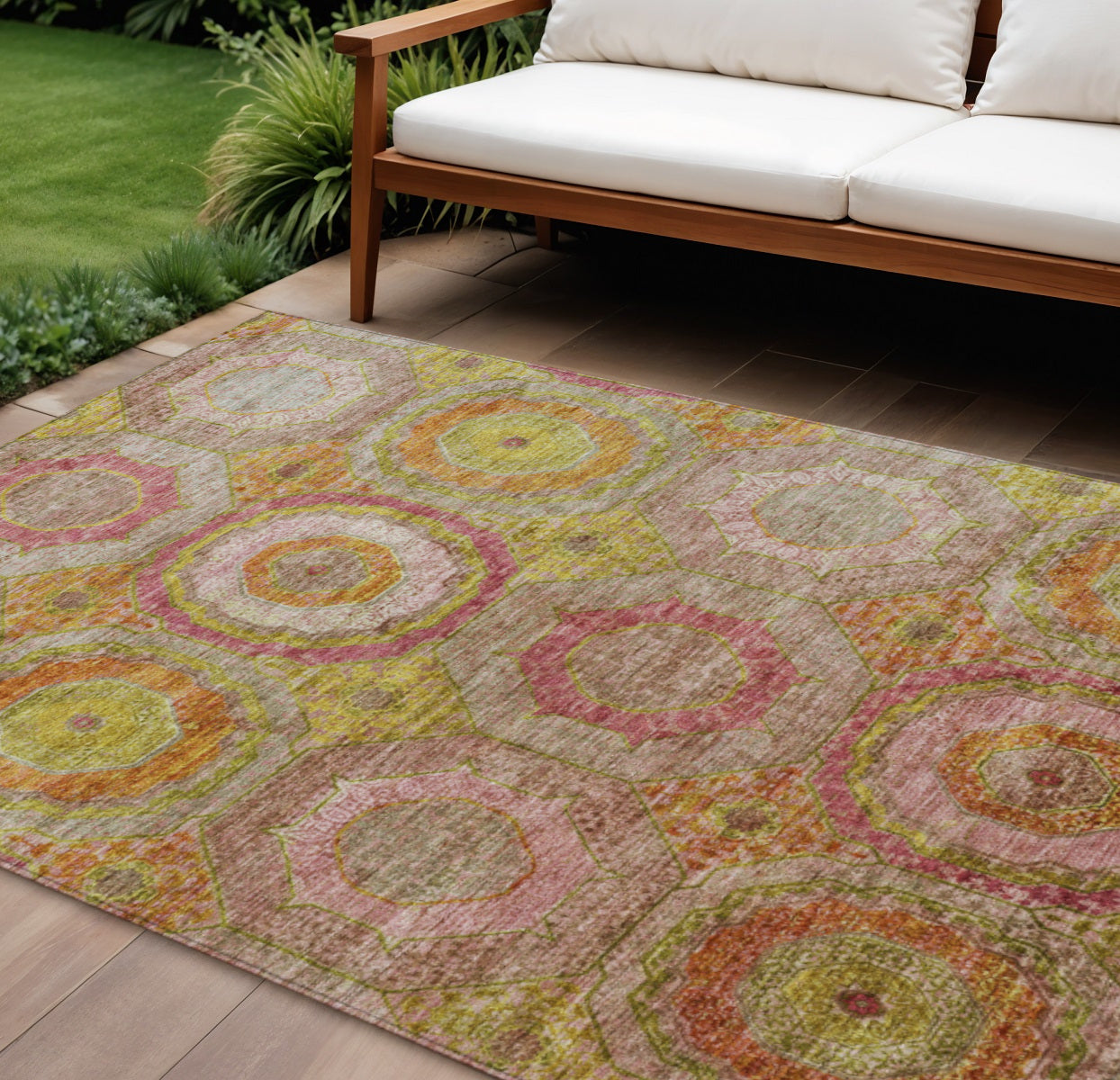 9' X 12' Orange Pink And Gold Geometric Washable Indoor Outdoor Area Rug