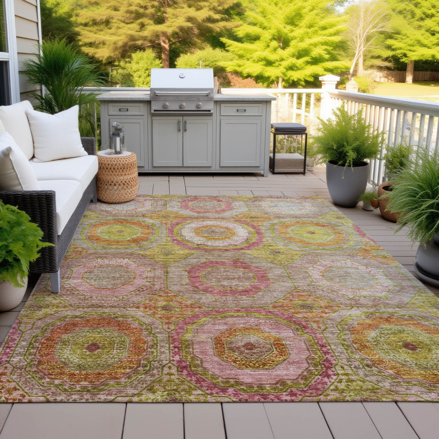 9' X 12' Orange Pink And Gold Geometric Washable Indoor Outdoor Area Rug