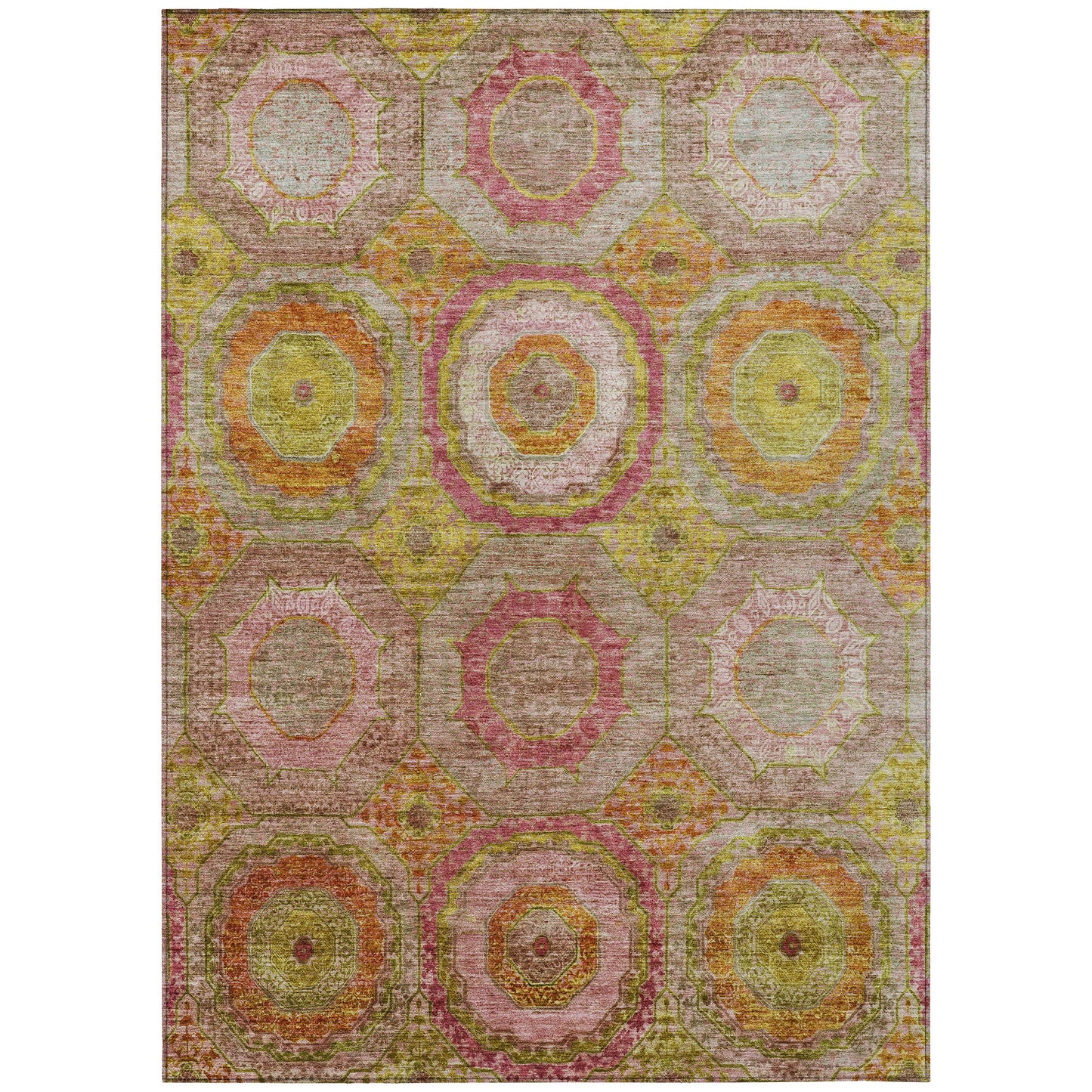 9' X 12' Orange Pink And Gold Geometric Washable Indoor Outdoor Area Rug