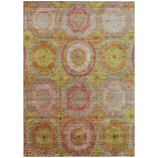 9' X 12' Orange Pink And Gold Geometric Washable Indoor Outdoor Area Rug