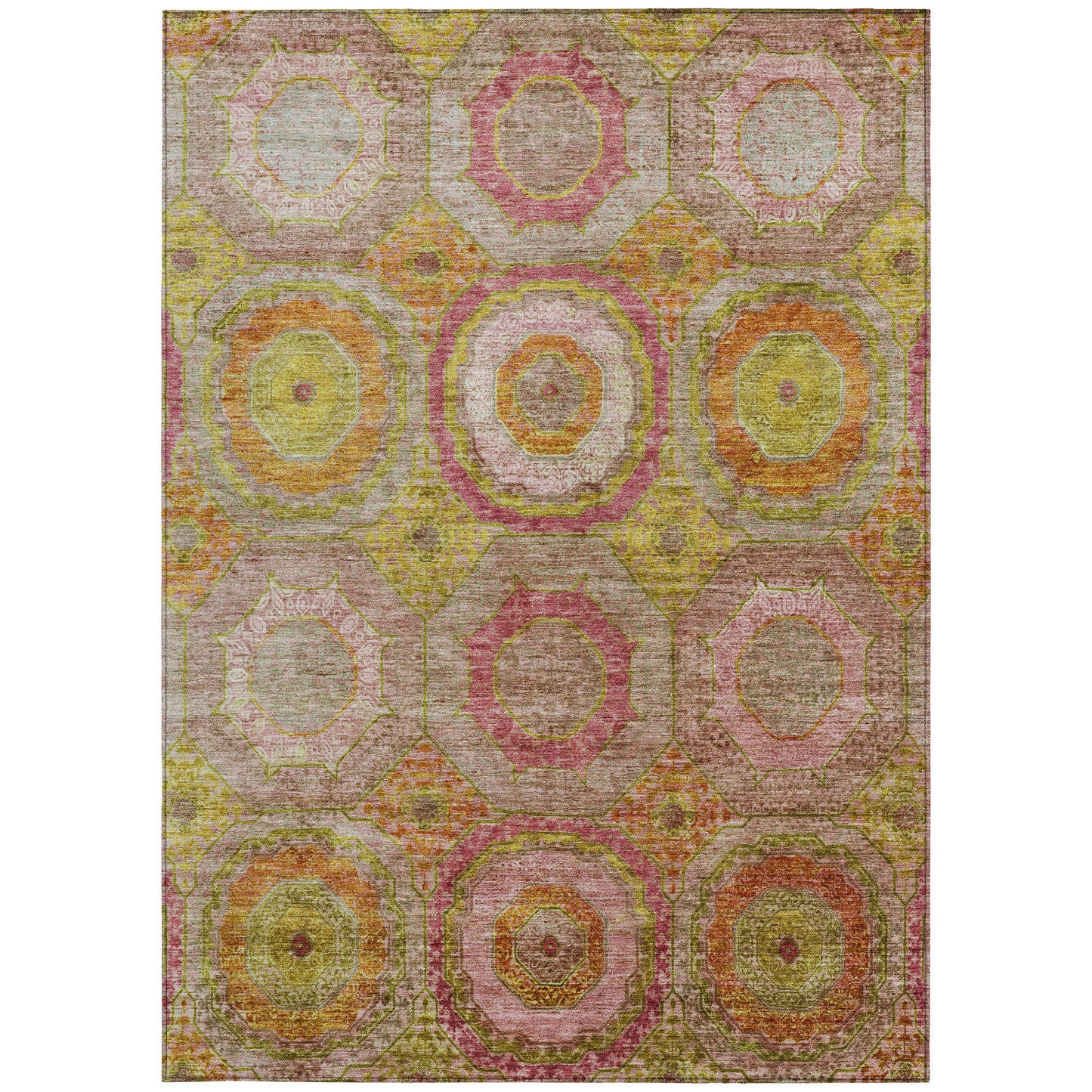 9' X 12' Orange Pink And Gold Geometric Washable Indoor Outdoor Area Rug