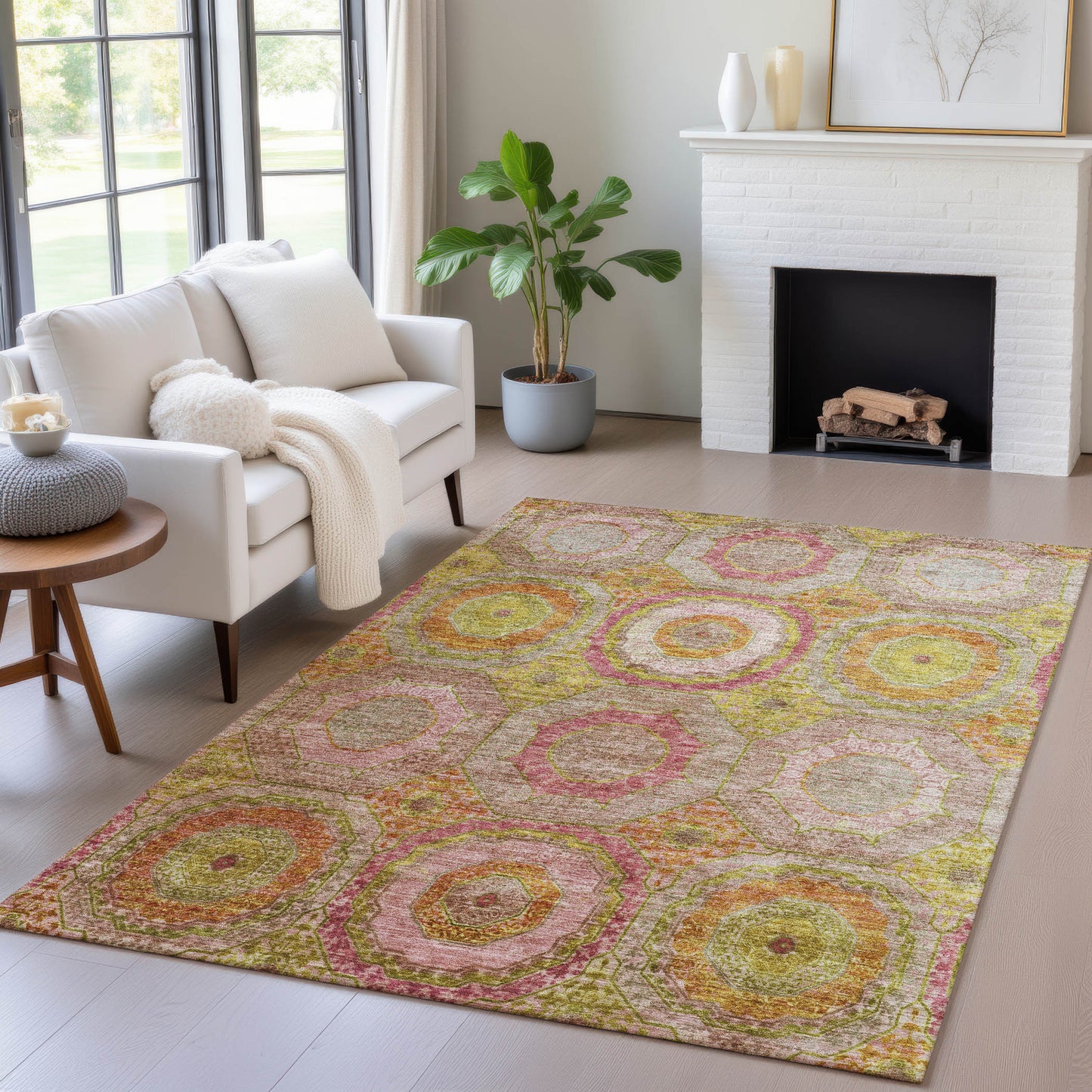 9' X 12' Orange Pink And Gold Geometric Washable Indoor Outdoor Area Rug