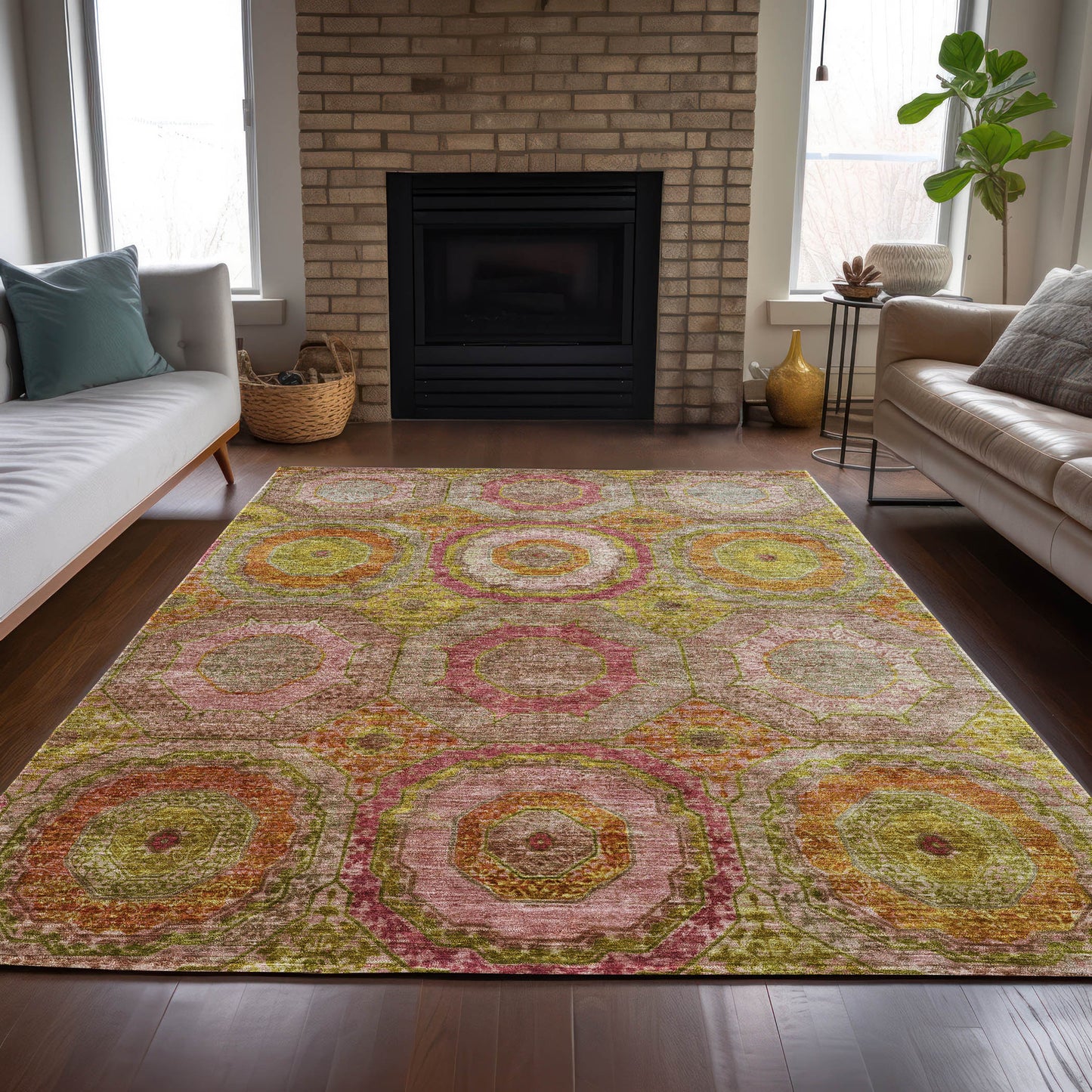 9' X 12' Orange Pink And Gold Geometric Washable Indoor Outdoor Area Rug