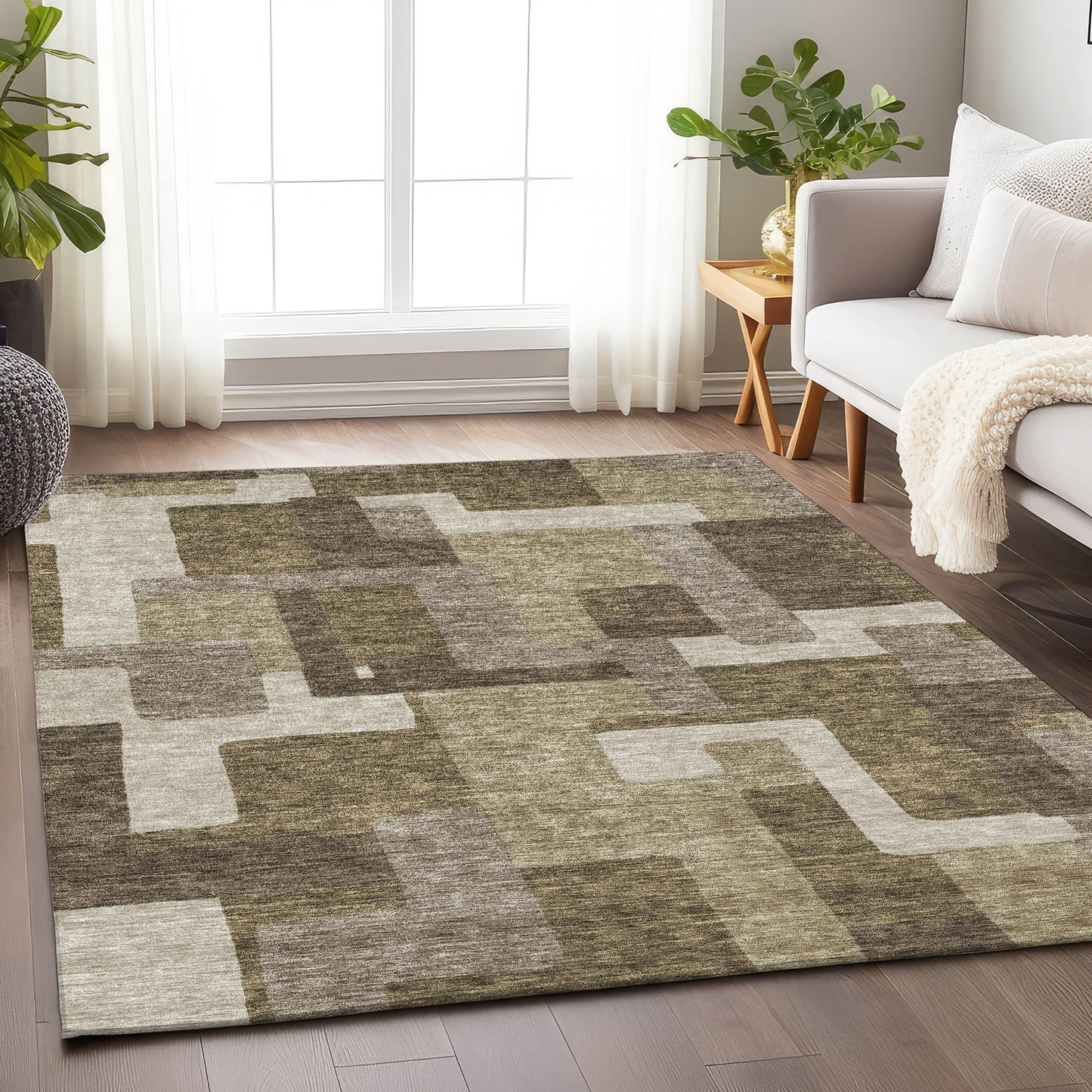 9' X 12' Brown Beige And Taupe Abstract Geometric Washable Area Rug With UV Protection