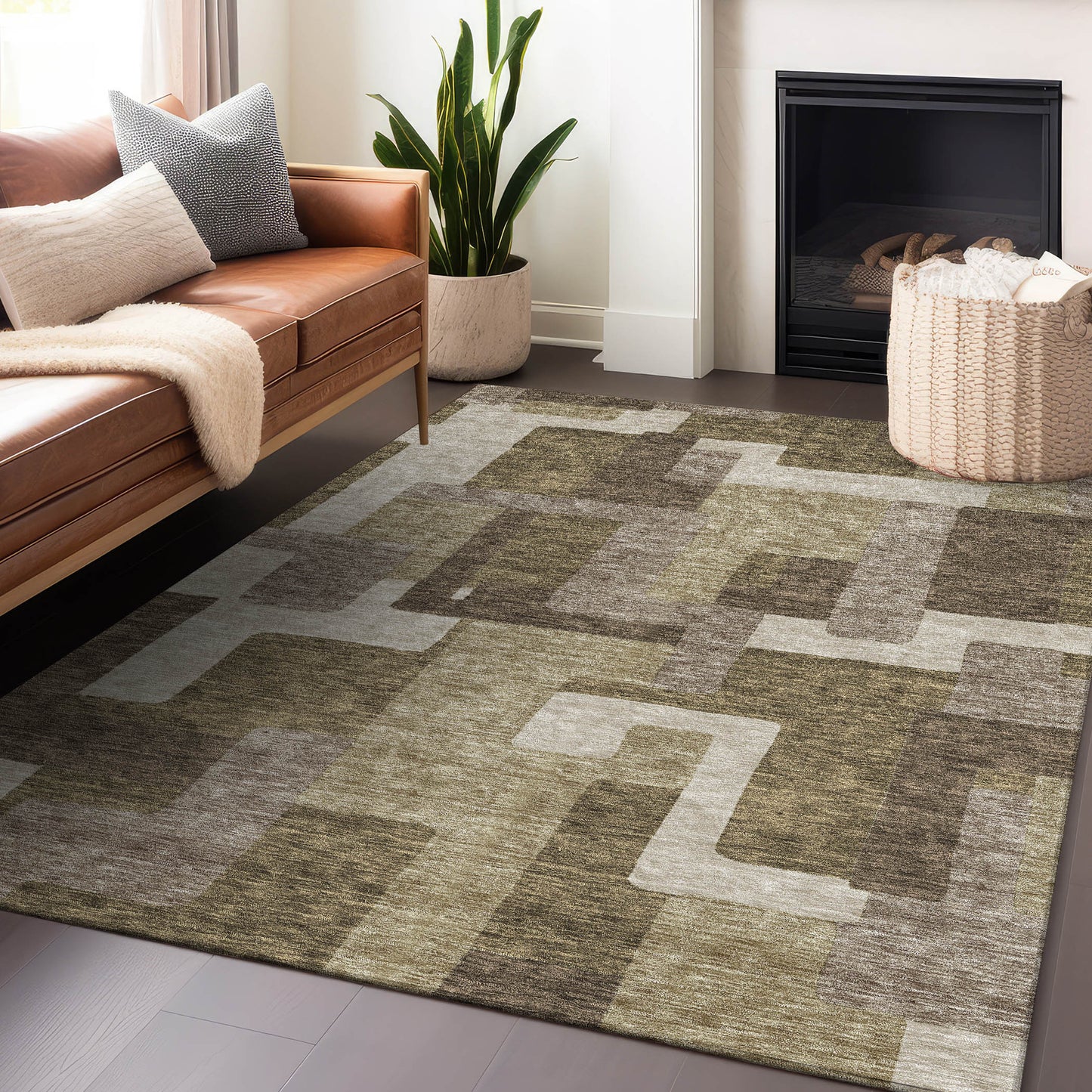 9' X 12' Brown Beige And Taupe Abstract Geometric Washable Area Rug With UV Protection