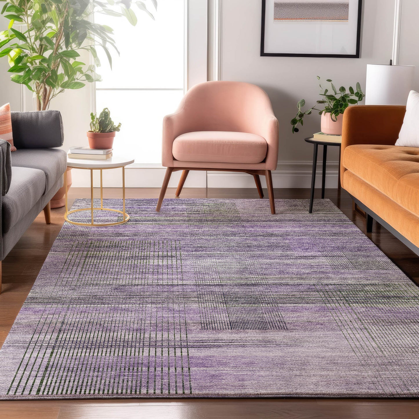 9' X 12' Purple And Gray Striped Washable Area Rug With UV Protection