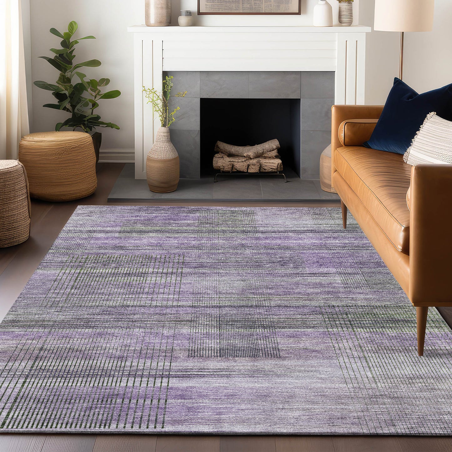 9' X 12' Purple And Gray Striped Washable Area Rug With UV Protection
