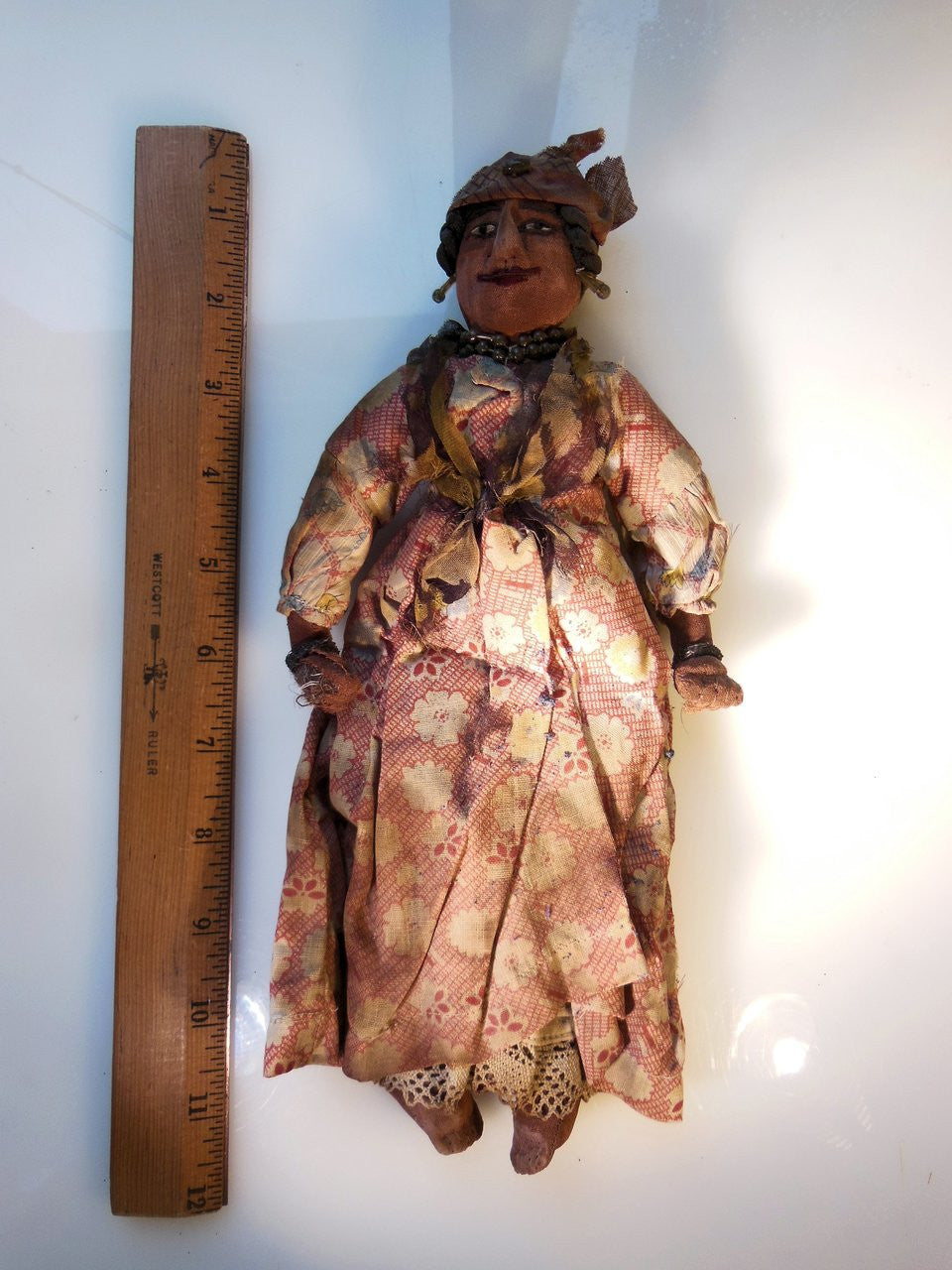 Antique Rag Doll, Smiling Woman with Jewelry from 1800's