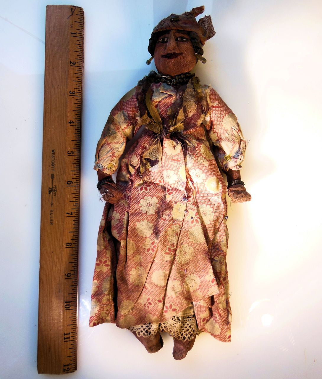 Antique Rag Doll, Smiling Woman with Jewelry from 1800's
