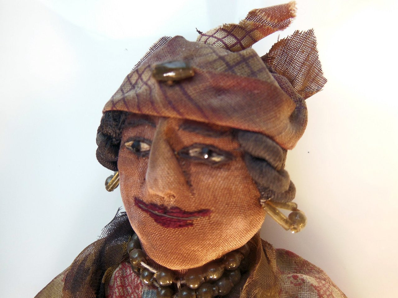 Antique Rag Doll, Smiling Woman with Jewelry from 1800's