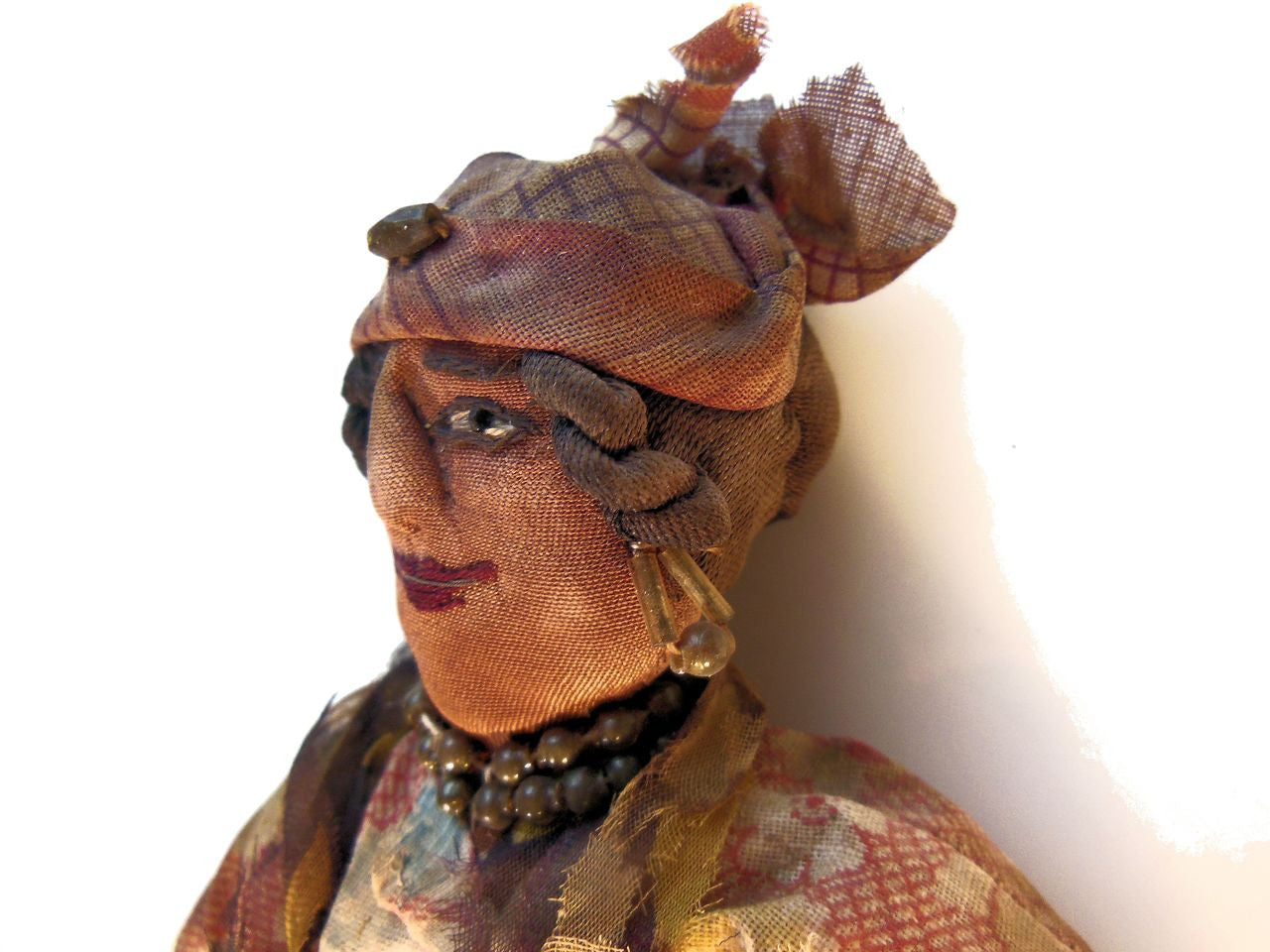 Antique Rag Doll, Smiling Woman with Jewelry from 1800's