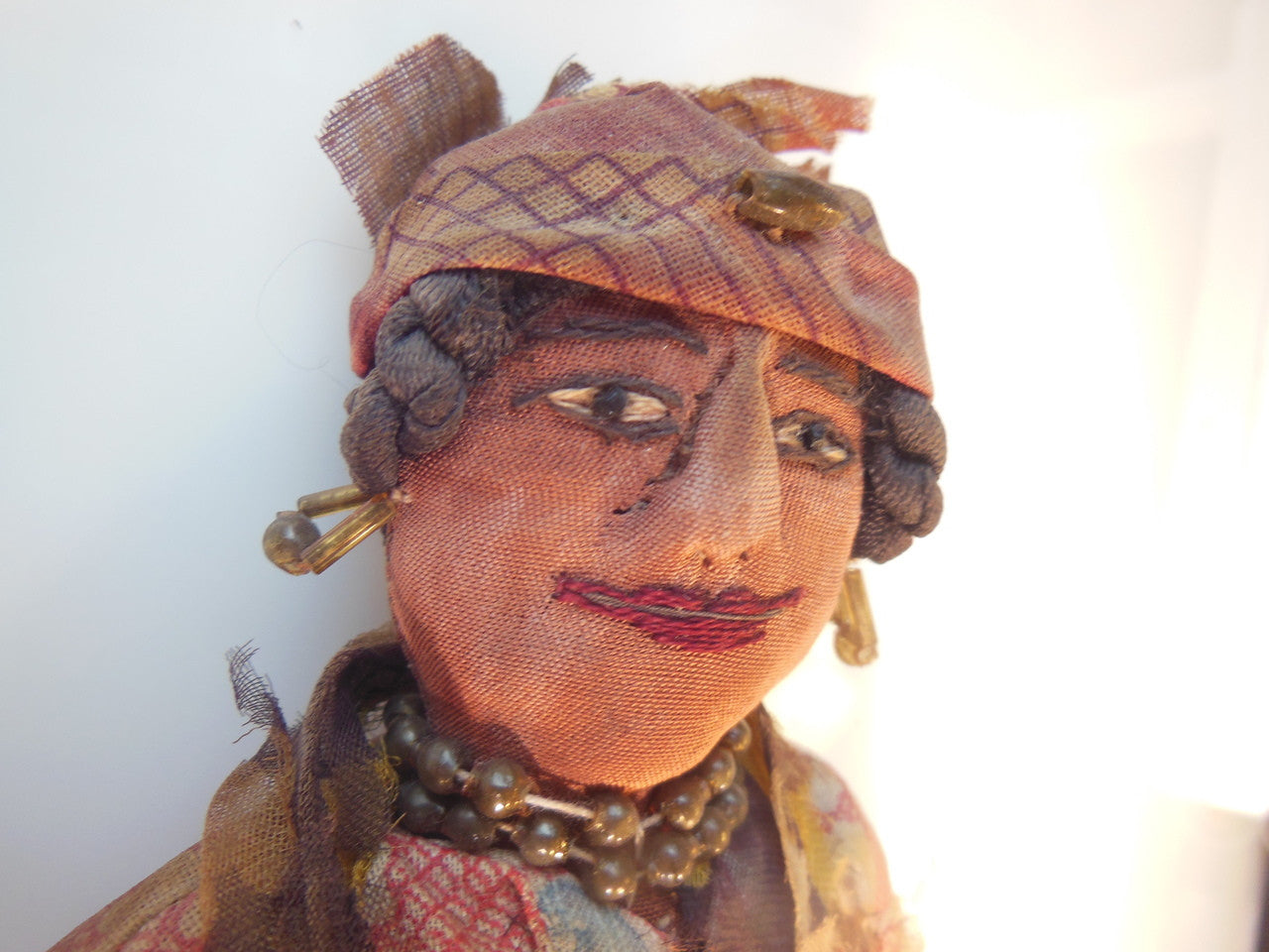 Antique Rag Doll, Smiling Woman with Jewelry from 1800's