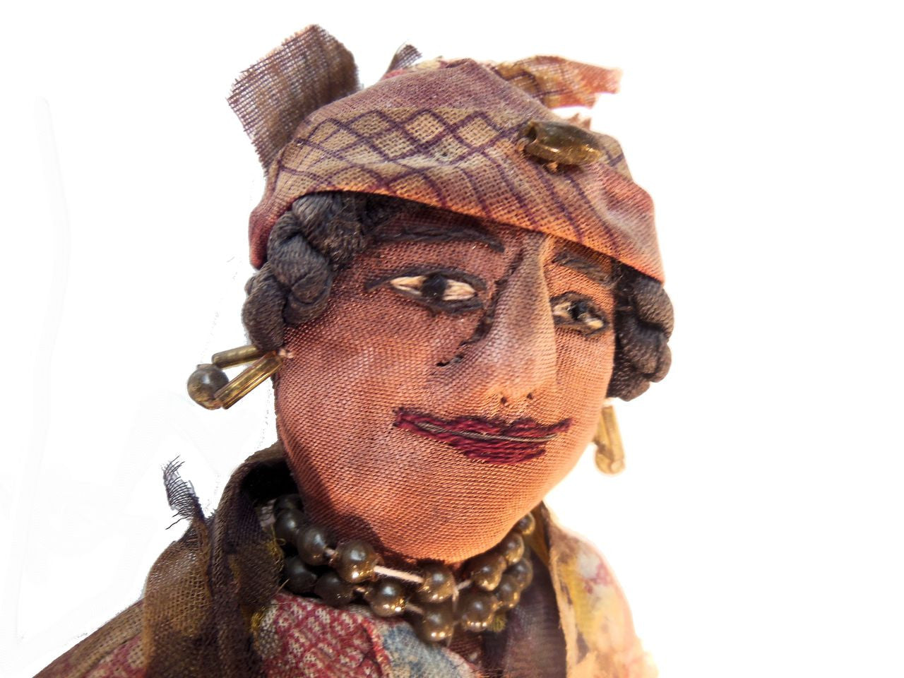 Antique Rag Doll, Smiling Woman with Jewelry from 1800's