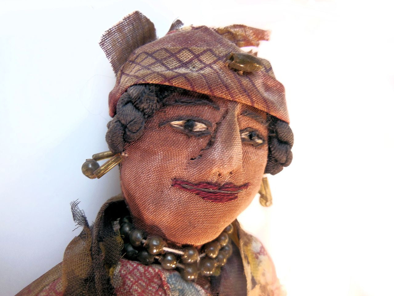 Antique Rag Doll, Smiling Woman with Jewelry from 1800's