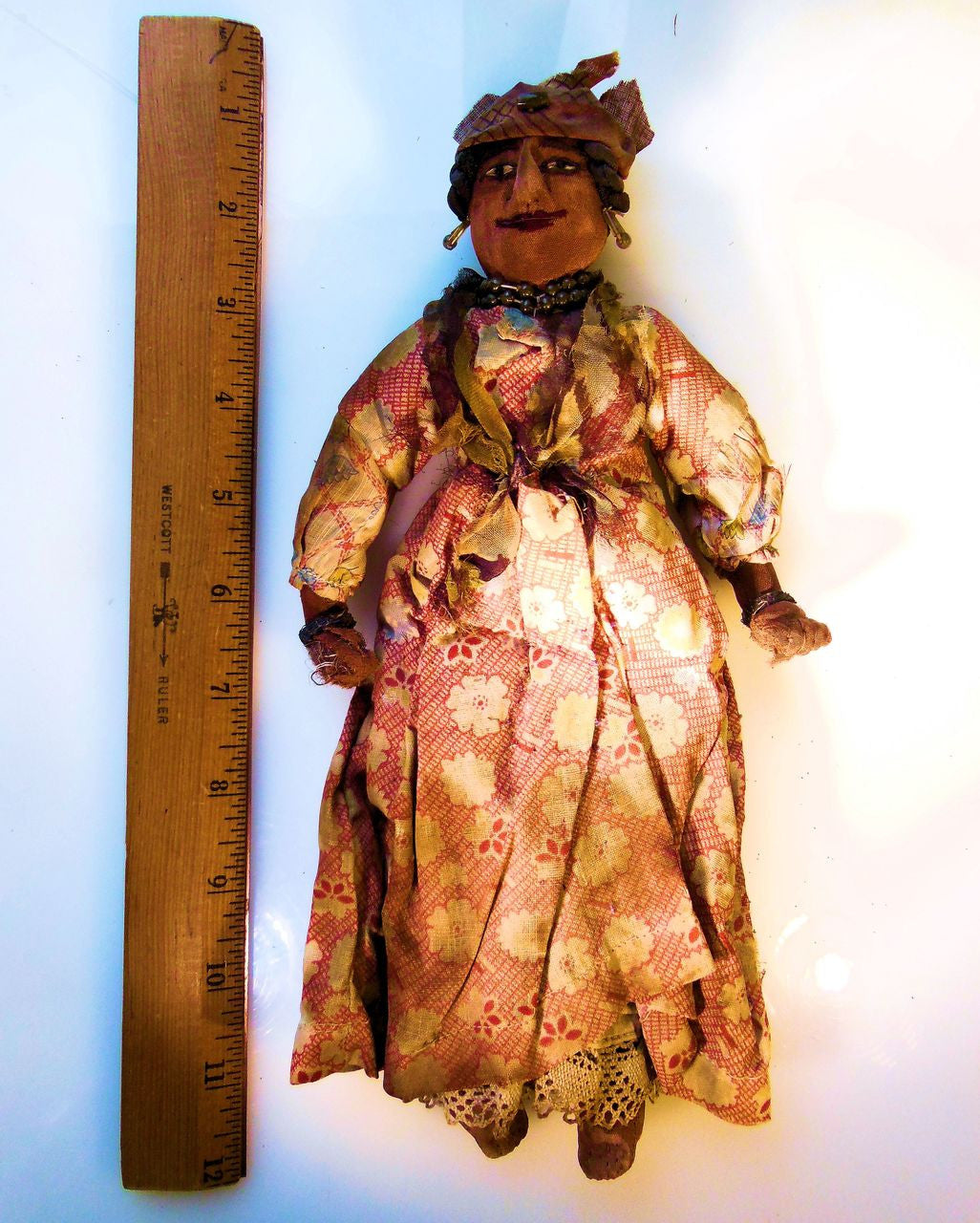 Antique Rag Doll, Smiling Woman with Jewelry from 1800's