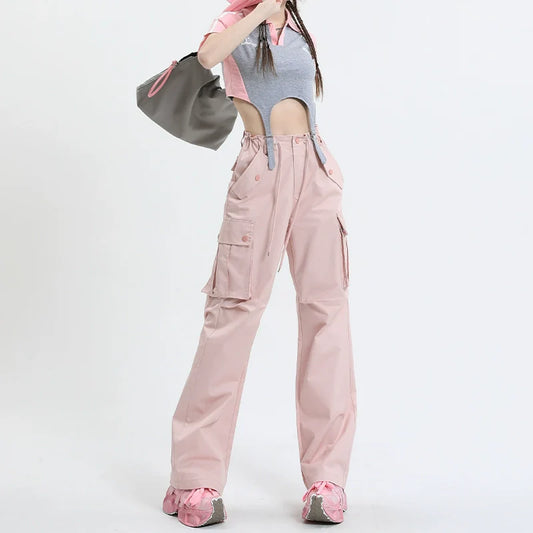Qiyu Pink American High Waist Work Clothes Jeans for Women  Autumn New Short Straight Loose Trousers
