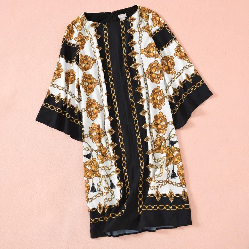 Fashion Ethnic Print round Neck 3/4 Flare Sleeve Mid Length Long Length Dress Export Original Sample Women's Clothes plus Size Summer