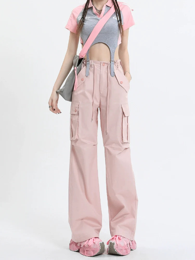 Qiyu Pink American High Waist Work Clothes Jeans for Women  Autumn New Short Straight Loose Trousers